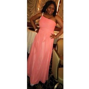 One shoulder peach colored formal dress